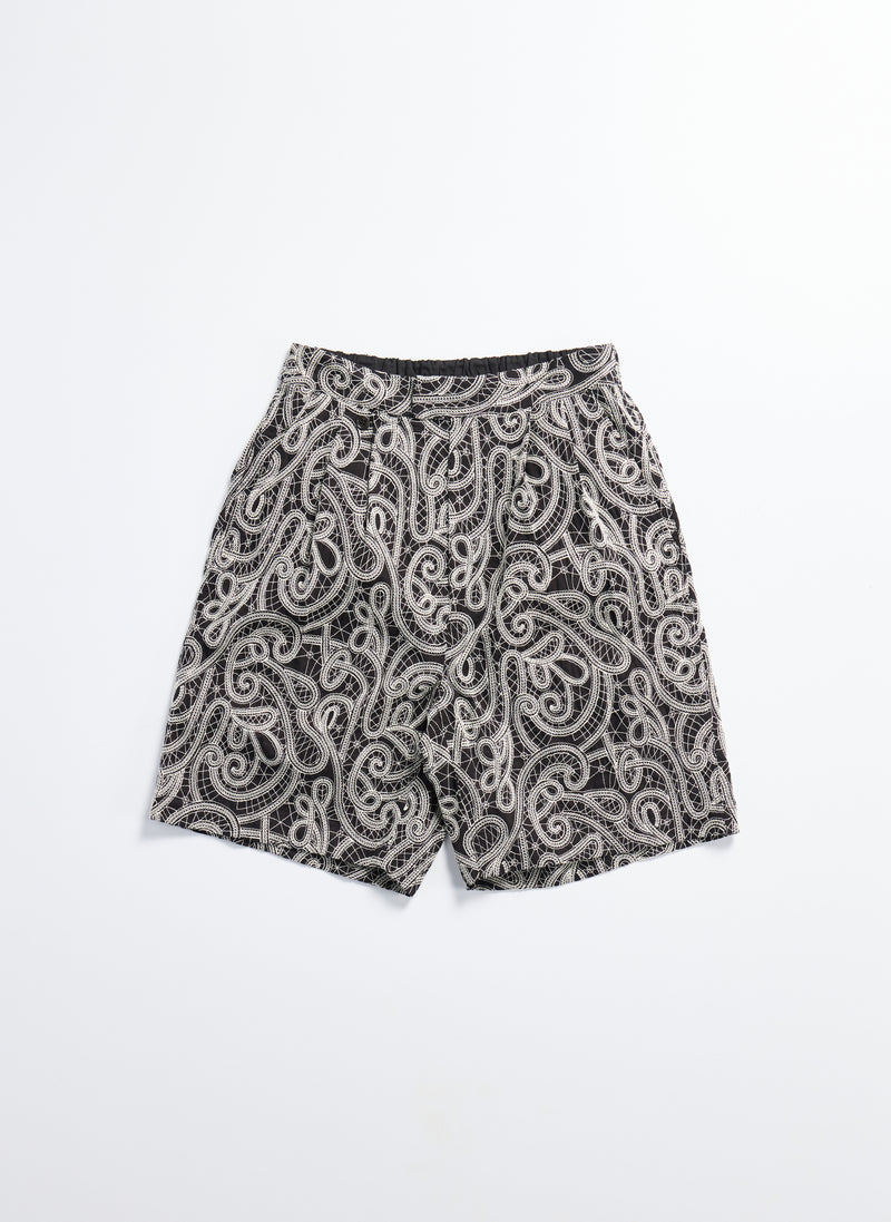 Cotton Embroidery Paisley Double Pleats Shorts