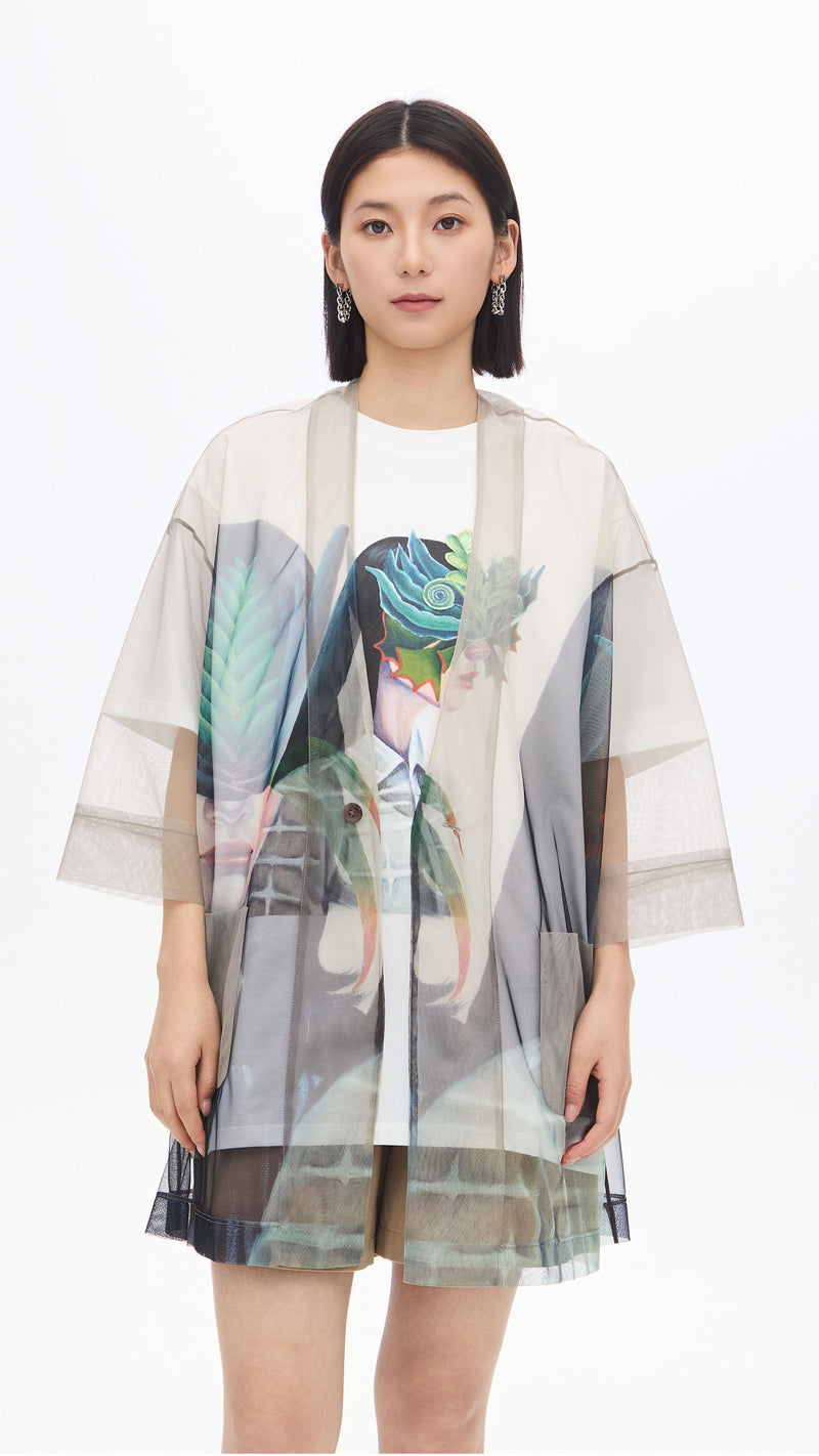 Mariko Enomoto Graphic Printed Mesh Kimono Coat