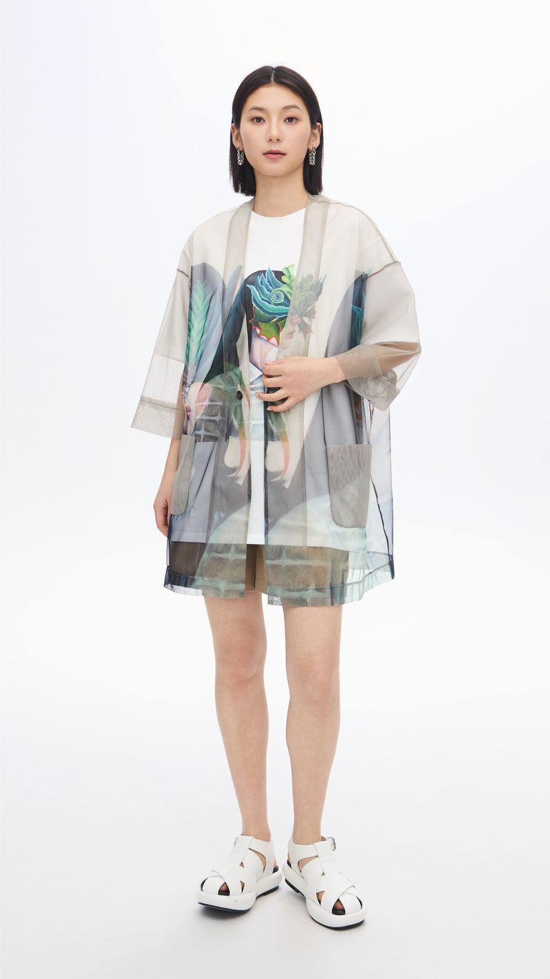 Mariko Enomoto Graphic Printed Mesh Kimono Coat
