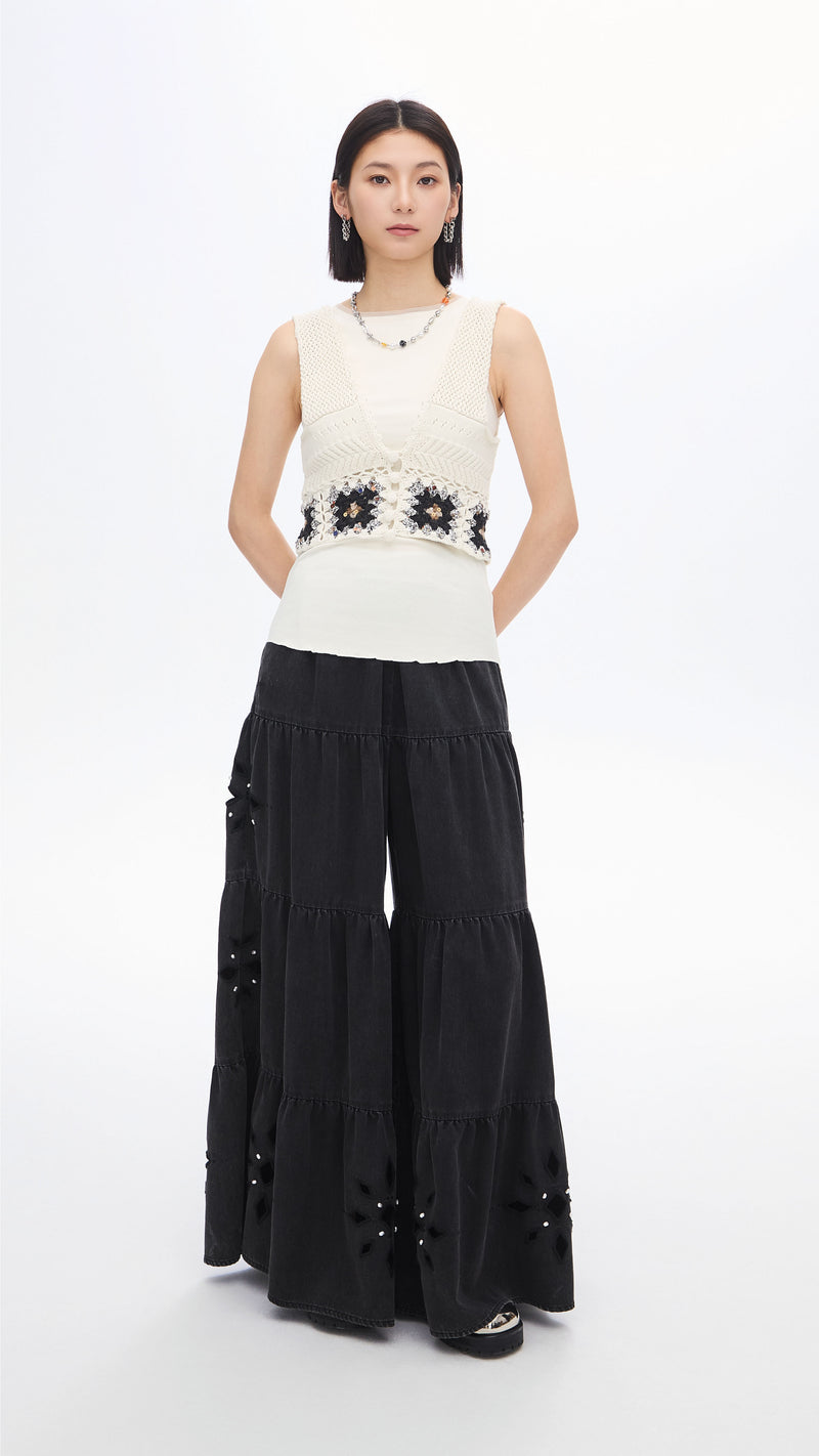 Embroidered Eyelet Tiered Jeans