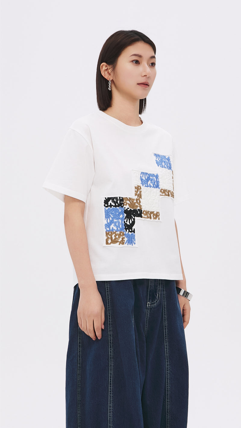 Patched Floral Embroidery Tee