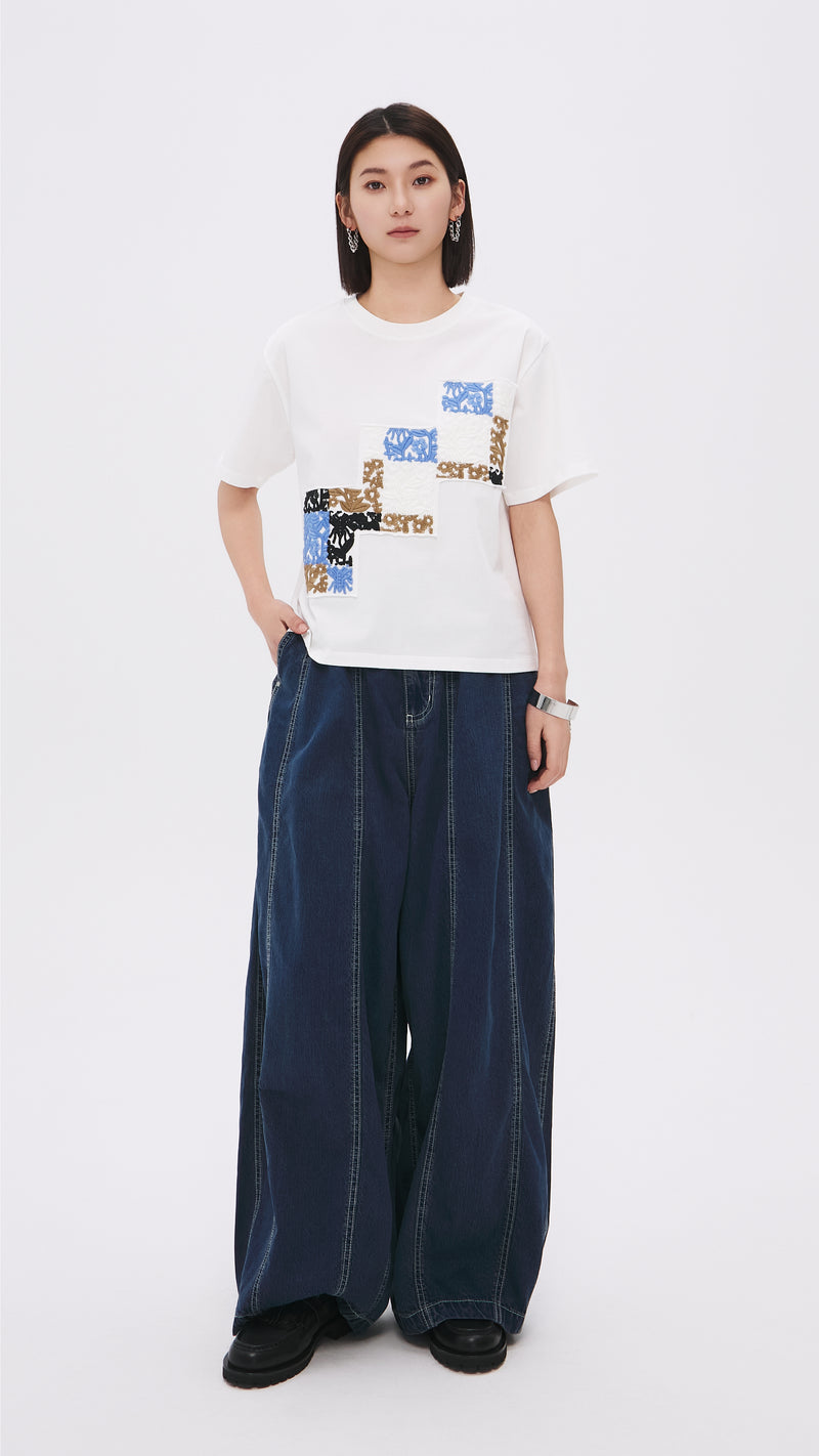 Patched Floral Embroidery Tee