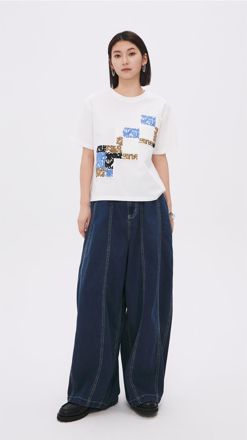 Patched Floral Embroidery Tee
