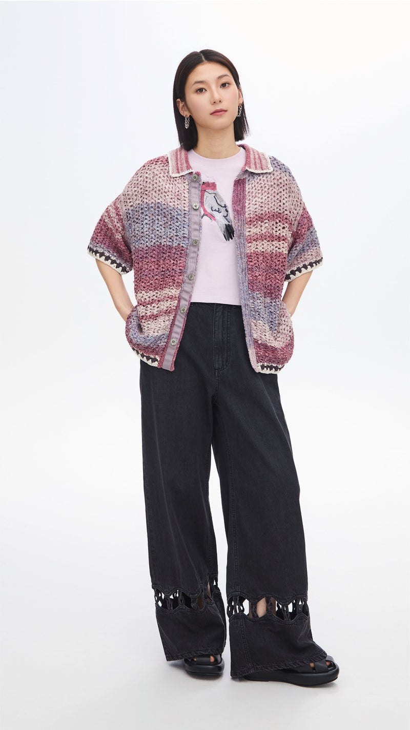 Knitted Space Dye Open Collar Cardigan