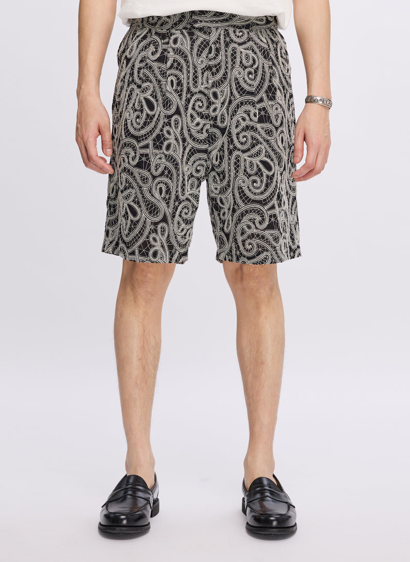 Cotton Embroidery Paisley Double Pleats Shorts